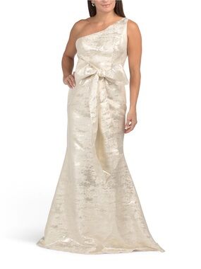 Rene Ruiz One-Shoulder Shimmery Ivory Evening Gown with Waist Bow 10 NWT